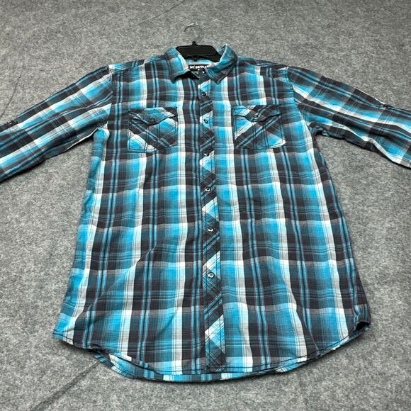 Skully Shirt Mens Medium Snap Up Teal Plaid Western Cowboy‎ Ranch Rodeo - Picture 3 of 10